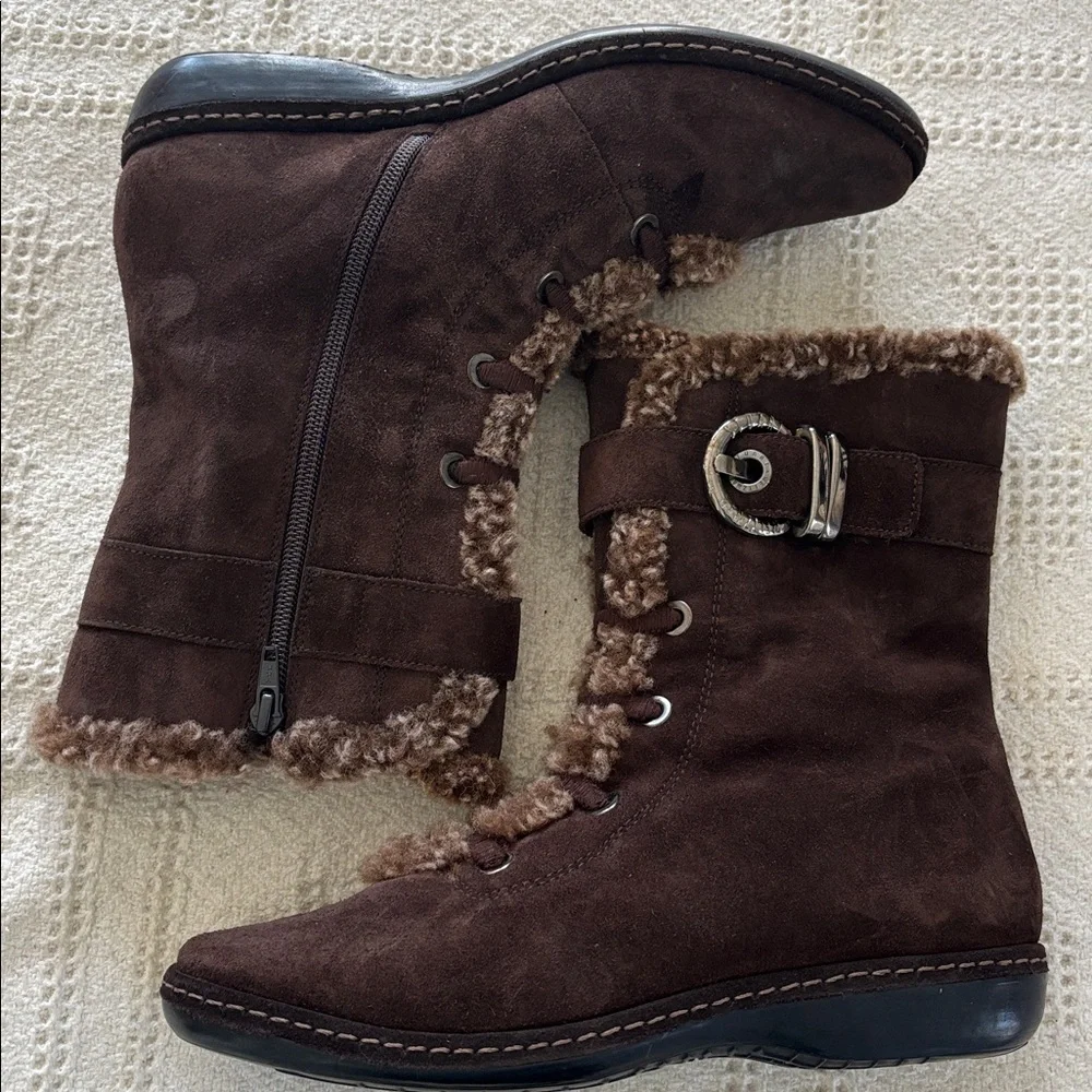 Stuart Weitzman ankle lace up faux shearling‎ fur fleece Suede winter boots Sz 8